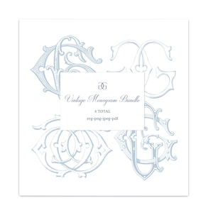 Könnte beinhalten: Quadratisches Bild mit vier Monogrammen im Vintage-Stil in Hellblau vor weißem Hintergrund. Die Monogramme sind aufwendig gestaltet, mit wirbelnden Details. Ein zentrales weißes Rechteck zeigt den Text "Vintage Monogram Bundle" und Dateitypinformationen.