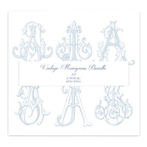May include: A collection of six light blue ornate letter monograms featuring intricate scrollwork and floral details. A central white rectangular label displays the text: Vintage Monogram Bundle, AJ, 6 TOTAL, SVG-PNG. The designs are set against a white background.