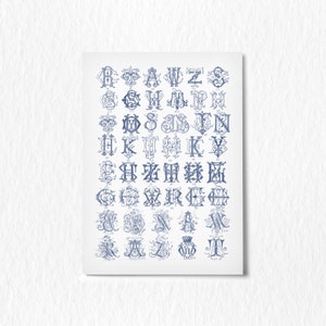 May include: A vintage style chart of blue and white monogram letter combinations. The chart includes all letters of the alphabet.