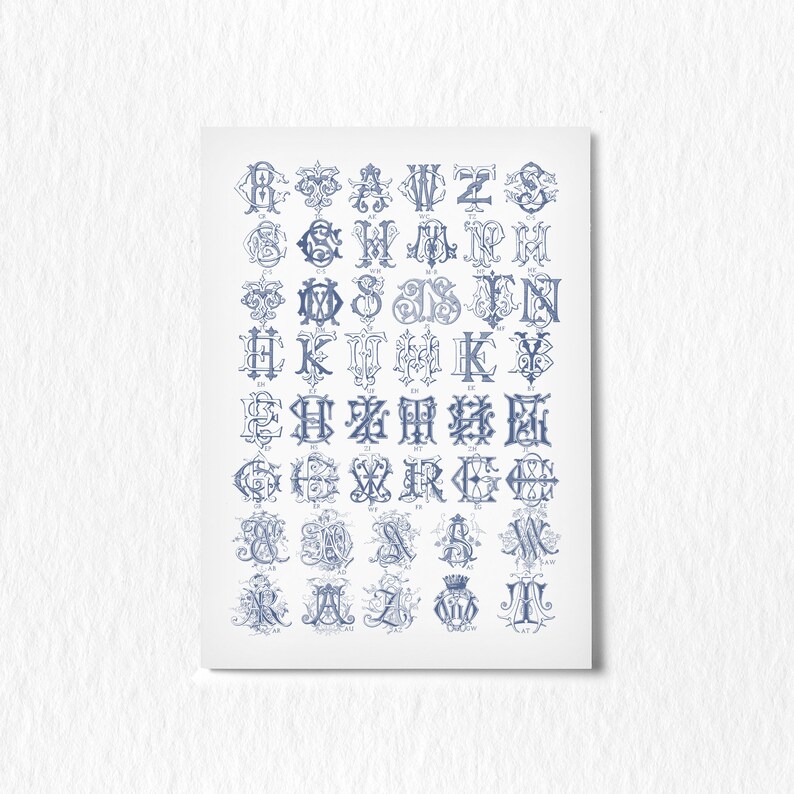 May include: A vintage style chart of blue and white monogram letter combinations. The chart includes all letters of the alphabet.