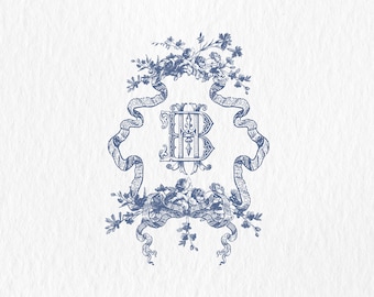 Vintage Floral Monogram Wedding Crest: Two-Letter Logo (SVG, PNG, PDF)