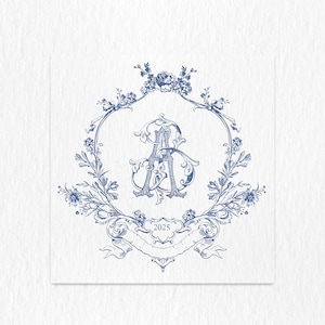 May include: A blue and white monogram with the letters "A" and "A" intertwined, surrounded by a floral wreath. The year "2025" is written on a banner below the monogram.