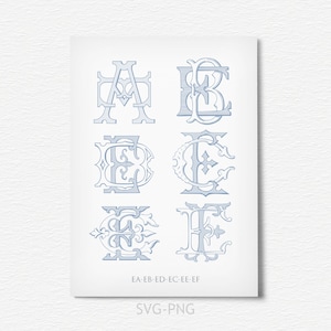 monogramme vintage &#39;&#39;EA, EF, monogramme de mariage classique antique, monogramme de deux lettres emboîtables, 6 monogrammes au total eps, pdf, vintage des années 1800