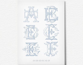 Vintage monogram''EA,EF,Antique Classic Wedding Monogram,Interlocking Two Letter Monogram,6 Total monogram eps ,pdf ,Vintage from the 1800s