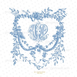 May include: A blue and white monogram design with a floral border. The monogram is in a decorative font and the flowers are stylized.