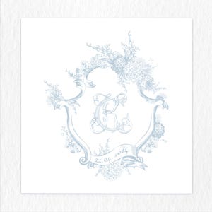Personalized blue hydrangea monogram wedding crest,C-K monogram,Vintage Hydrangea Wedding Crest