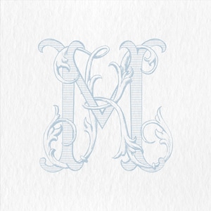 May include: A light blue monogram design featuring the intertwined letters 'M' and 'K' in an ornate, vintage style. The design includes decorative flourishes and is set against a textured white background, suitable for stationery or personalized items.