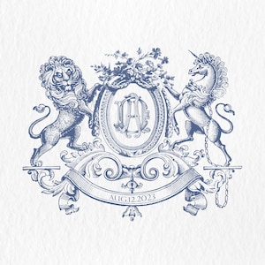 Puede incluir: Un escudo azul y blanco con un león y un unicornio a cada lado. El escudo presenta un escudo con las iniciales "W.D." y la fecha "AUG. 12. 2023".