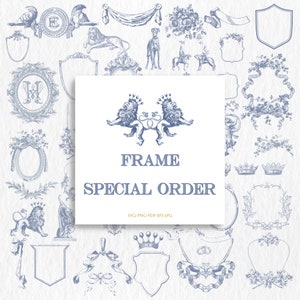 May include: A set of blue and white vintage style frames, crowns, and other decorative elements. The frames are perfect for adding a touch of elegance to any project. The text "FRAME SPECIAL ORDER" is displayed on a white background.