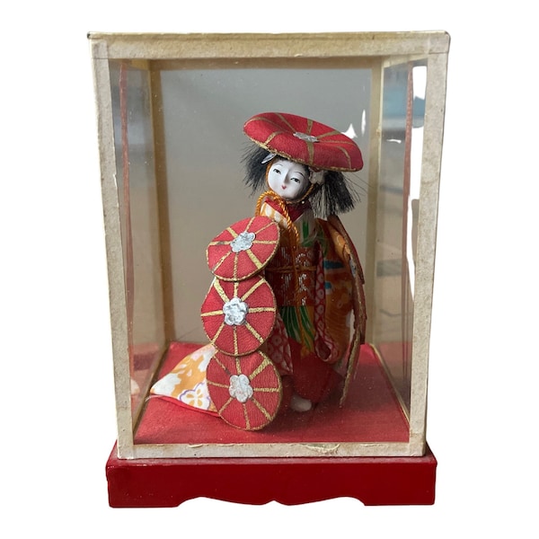 Miniature Japanese Geisha Doll Figurine In Glass Case, Made in Japan,