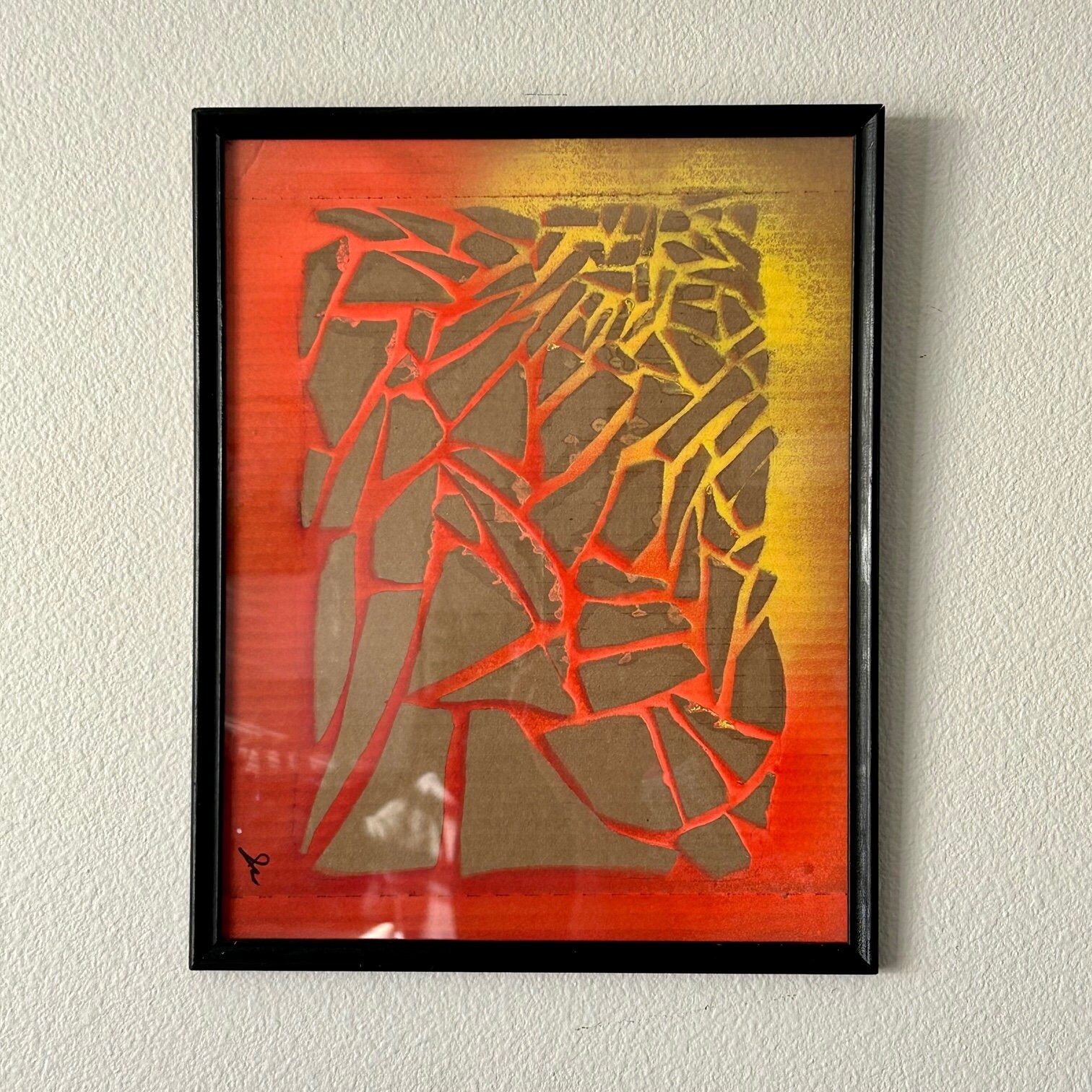 Abstract Spray Paint Art - Upcycled Cardboard Stencil Framed Wall Art, Orange/Yellow