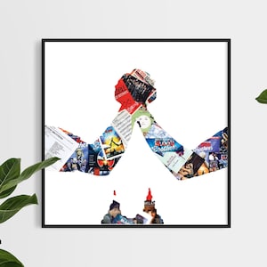 May include: A white silhouette of a person with arms raised in the air, created with a collage of colorful magazine clippings.