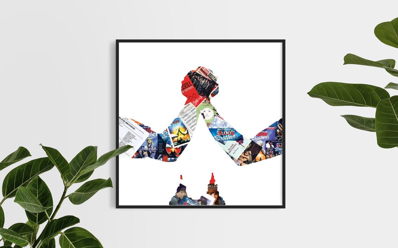 May include: A white silhouette of a person with arms raised in the air, created with a collage of colorful magazine clippings.