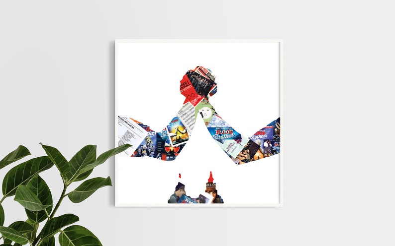 May include: A white framed print of a silhouette of two people holding hands, created with a collage of colorful magazine clippings.
