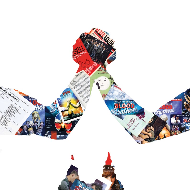 May include: A collage of colorful images and text, featuring the title "Blood Brothers" repeated throughout. The images include a musical score, a group of people, and a hand reaching out.
