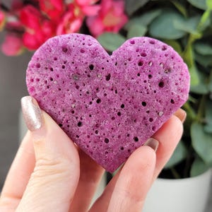 May include: A heart-shaped, porous, purple stone. The stone is held in a hand with painted nails. The background features pink flowers and green foliage in a white pot.
