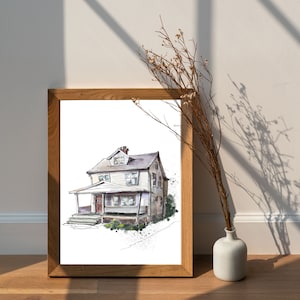 May include: A framed watercolour illustration of a white house with a porch and a garden. The house has a brown roof and a brown door. The illustration is on a white background.