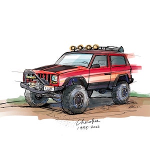 May include: A hand-drawn illustration of a red Jeep Cherokee with a black bonnet and a white number plate that reads "EL15C". The Jeep has a roof rack with lights and is driving on a dirt track. The text "Cherokee 1984-2022" is written below the Jeep.