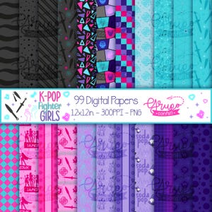 Puede incluir: Una colección de 99 papeles digitales con varios patrones en tonos de rosa, morado, turquesa y negro. Los diseños incluyen formas geométricas, notas musicales e ilustraciones estilizadas. También se ve el texto "K-Pop Fighter Girls".
