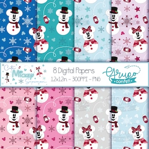 Puede incluir: Ocho papeles digitales con un diseño de muñeco de nieve de Mickey Mouse lindo. Los papeles son de color azul, turquesa, azul claro, rosa, gris y azul claro. Cada papel tiene un patrón diferente de copos de nieve, estrellas y muñecos de nieve de Mickey Mouse. El texto "Cute Mickey Snowman" y "8 Digital Papers 12x12in. - 300PPI - PNG" está incluido en los papeles. El texto "Grupo confeti" también está incluido en los papeles.