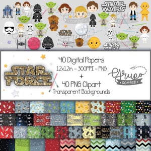 Star Force Clipart und digitale Papiere, sofortiger digitaler Download, Star Wars-Film, nahtloses Star Wars-Muster und Cartoon-Clipart