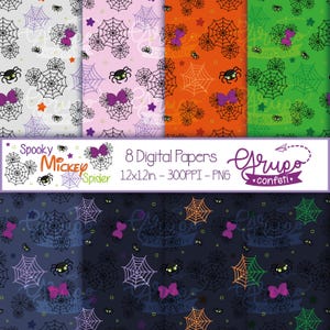 May include: Eight digital papers featuring a spooky Mickey Mouse spider design. The papers are in various colors, including white, pink, orange, green, and black. Each paper has a repeating pattern of spiderwebs, spiders, and bows. The text "Spooky Mickey Spider" and "8 Digital Papers 12x12in - 300PPI - PNG" is included on the image.