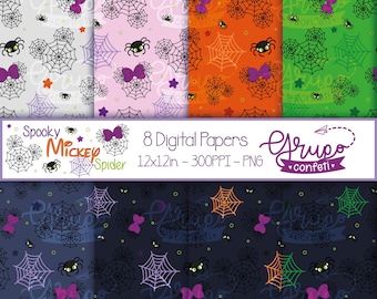 Spooky Mickey Spider seamless patterns, Spooky Mickey Spider Digital Papers, Digital Download, Mickey halloween season patterns