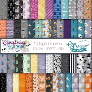 May include: A digital paper pack with 51 different patterns featuring characters from the movie "The Nightmare Before Christmas". The patterns include Jack Skellington, Sally, Oogie Boogie, and other characters. The papers are 12x12 inches and 300 DPI.