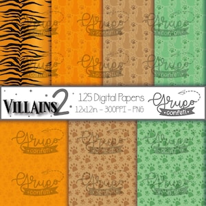 May include: A set of 125 digital papers featuring a variety of patterns, including tiger stripes, paw prints, and a green and white pattern with the text "Grupo Confeti". The papers are 12x12 inches and 300 PPI.