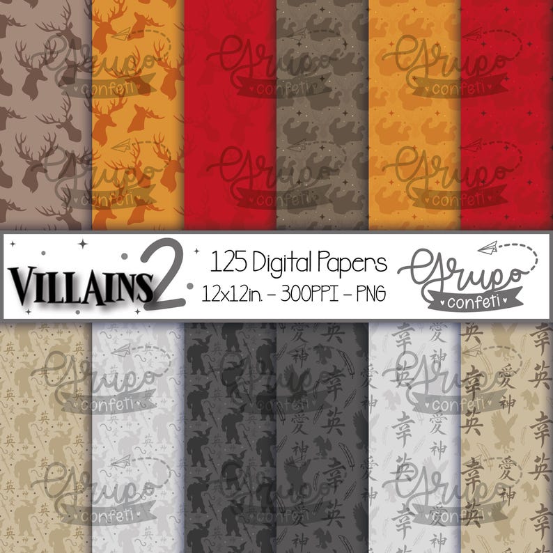 May include: A digital paper pack featuring 125 different patterns. The patterns are all in a dark colour scheme with a variety of designs, including animal prints, geometric patterns, and abstract designs. The pack is titled "Villains 2" and includes the text "125 Digital Papers 12x12in - 300PPI - PNG" and "Grupo Confeti".
