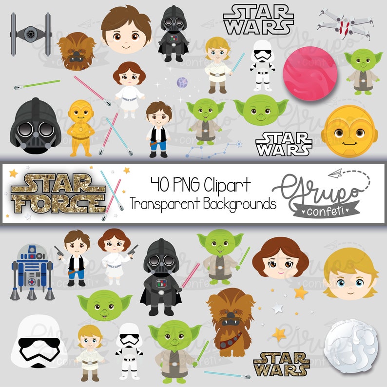 May include: A set of 40 Star Wars themed clipart images. The images feature characters like Yoda, Darth Vader, Chewbacca, and R2-D2. The images are in a cartoon style and have transparent backgrounds.
