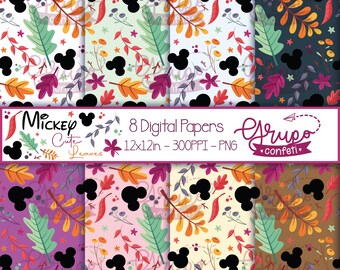 Mickey Cute Leaves seamless patterns, Digital Papers, Digital Download, Mickey head seamless pattern