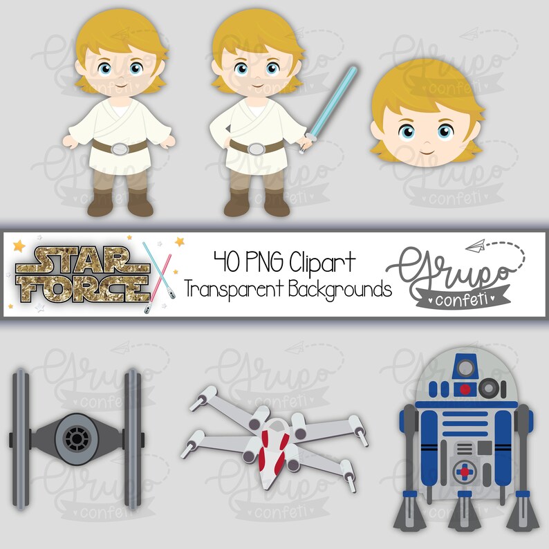 May include: A set of 40 Star Wars themed digital clipart images. The images include Luke Skywalker, R2-D2, a TIE fighter, and an X-wing. The images are on a transparent background.
