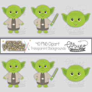 May include: A set of 40 digital clipart images featuring a green cartoon character with large ears and a lightsaber. The character is wearing a brown robe and a belt. The text "STAR FORCE" is in gold glitter letters with a pair of crossed lightsabers. The text "40 PNG Clipart Transparent Backgrounds" is also included.