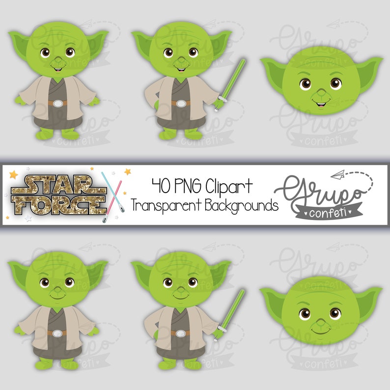 May include: A set of 40 digital clipart images featuring a green cartoon character with large ears and a lightsaber. The character is wearing a brown robe and a belt. The text "STAR FORCE" is in gold glitter letters with a pair of crossed lightsabers. The text "40 PNG Clipart Transparent Backgrounds" is also included.