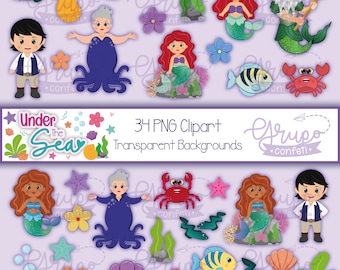 Under the sea Clipart, Digital Download, Clipart cartoon, Little mermaid inspired, classic and new mermaid version