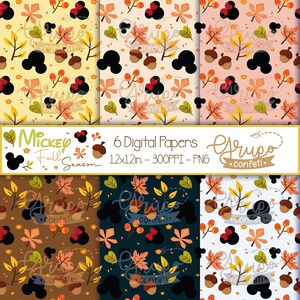 Puede incluir: Seis papeles digitales con un patrón de otoño con temática de Mickey Mouse. El patrón incluye orejas de Mickey Mouse, bellotas, hojas y el texto "Grupo Confeti".