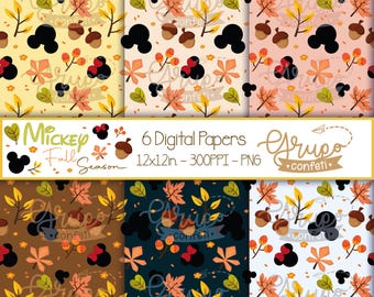 Mickey Fall Season seamless patterns, Digital Papers, Digital Download, Mickey autumn season patterns, mickey head pattern