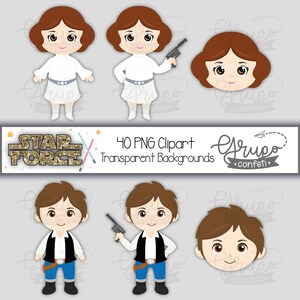 May include: A set of 40 digital clipart images featuring cartoon characters from Star Wars. The characters are Princess Leia and Han Solo. The images have transparent backgrounds.