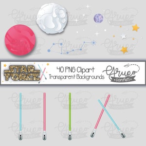 May include: A set of 40 digital clipart images featuring a Star Wars theme. The images include light sabers, planets, stars, and the text "Star Force".