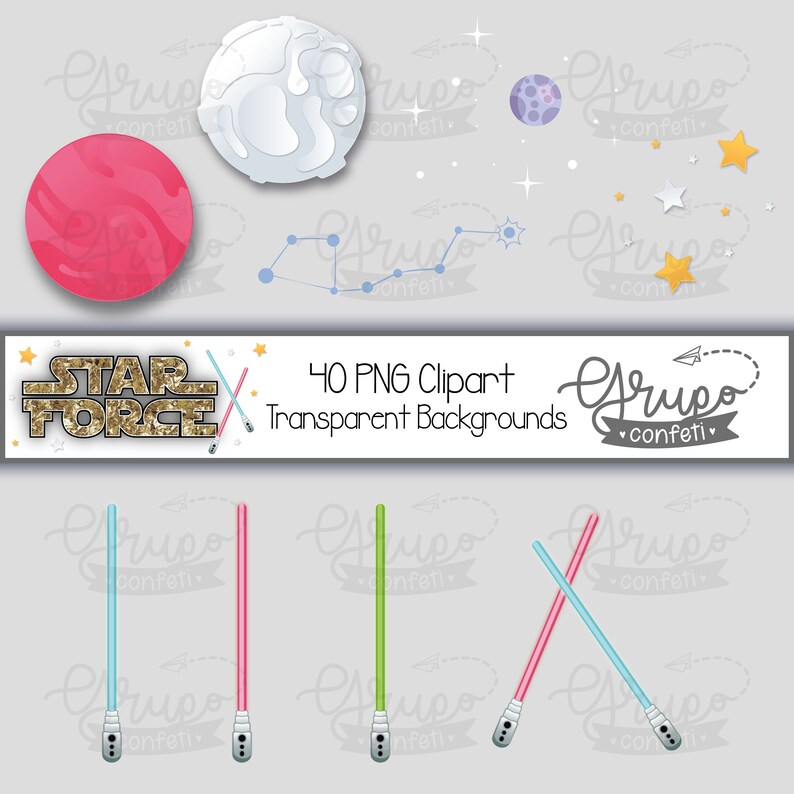 May include: A set of 40 digital clipart images featuring a Star Wars theme. The images include light sabers, planets, stars, and the text "Star Force".