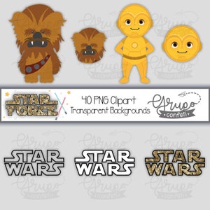 May include: A set of 40 Star Wars themed digital clipart images. The images include Chewbacca, C-3PO, and the Star Wars logo in various styles. The images are on a transparent background.