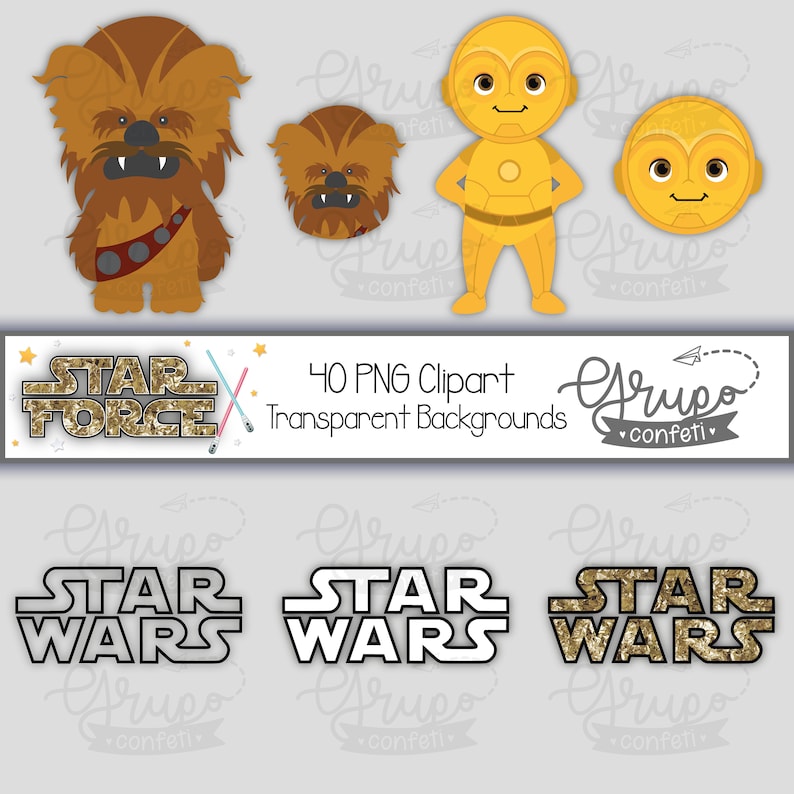 May include: A set of 40 Star Wars themed digital clipart images. The images include Chewbacca, C-3PO, and the Star Wars logo in various styles. The images are on a transparent background.