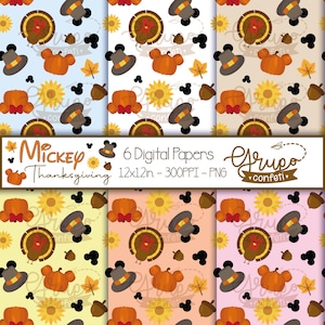 Puede incluir: Seis papeles digitales con un tema de Acción de Gracias de Mickey Mouse. Los papeles presentan un patrón repetitivo de Mickey Mouse con un sombrero de peregrino, calabazas, girasoles, bellotas y hojas. Los papeles miden 12x12 pulgadas y 300 DPI.