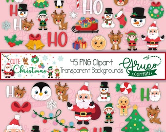 May include: A set of 45 Christmas clip art images with transparent backgrounds. The images include Santa Claus, elves, reindeer, penguins, snowmen, gingerbread men, Christmas trees, presents, candy canes, and more. The images are in a cartoon style and are perfect for use in digital scrapbooking, card making, and other craft projects.