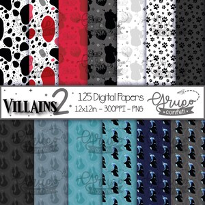 May include: A set of 125 digital papers featuring various patterns, including black and white polka dots, red and white polka dots, black and white paw prints, and a blue and black pattern with a silhouette of a character. The text "VILLAINS 2" and "125 Digital Papers 12x12in - 300PPI - PNG" is visible at the top of the image.