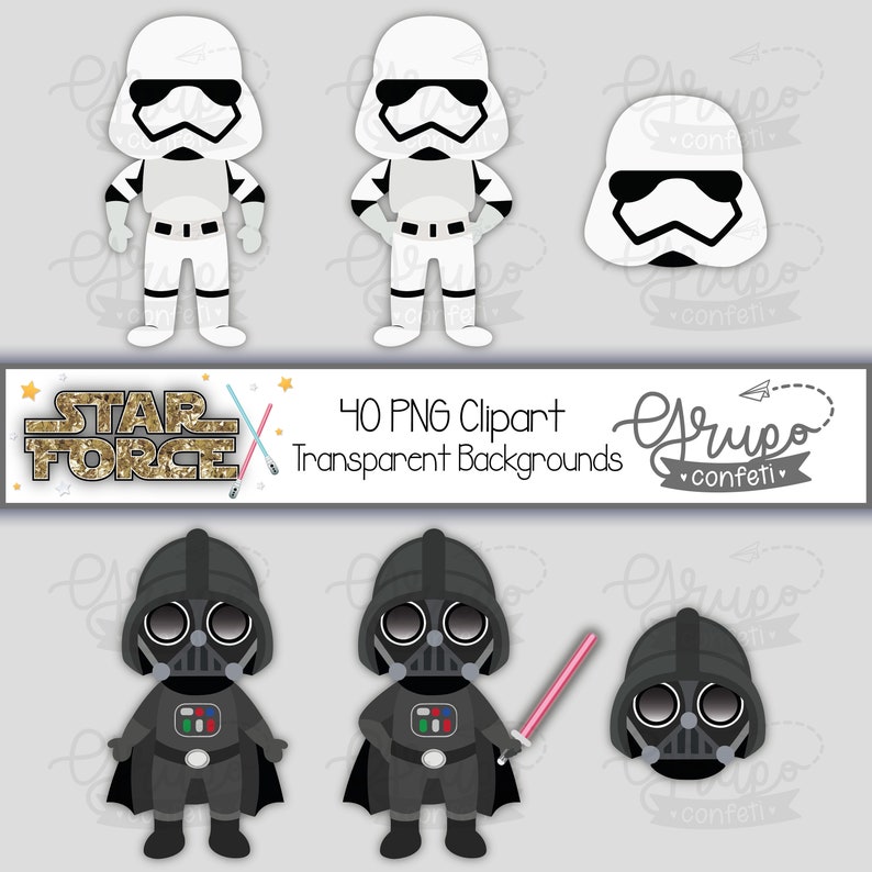 May include: A set of 40 Star Wars character clipart images. The images feature Darth Vader and Stormtroopers in a cartoon style. The images are in PNG format and have transparent backgrounds.
