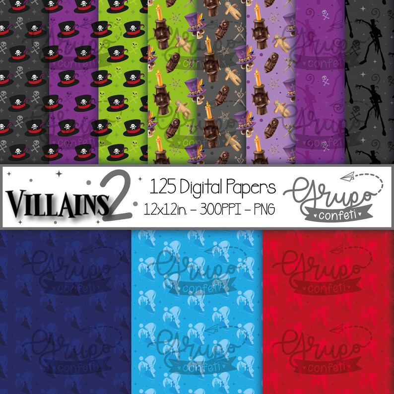 May include: A set of 125 digital papers featuring a variety of villains from Disney movies. The papers are 12 inches by 12 inches and have a 300 DPI resolution. The papers are in PNG format. The papers feature a variety of colours and patterns, including purple, green, blue, red, and black. The papers are perfect for scrapbooking, card making, and other crafting projects.