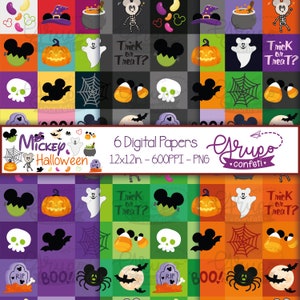 Op de afbeelding: Zes digitale papieren met een Mickey Mouse Halloween-thema. De papieren zijn 12x12 inch en 600 pixels per inch. De papieren bevatten een verscheidenheid aan Halloween-afbeeldingen, waaronder Mickey Mouse, pompoenen, geesten, vleermuizen, snoepmais, schedels, spinnenwebben en de tekst "Trick or Treat?"