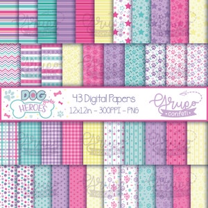 Dog Girls Heroes Digital Papers, Digital Download, Seamless patterns